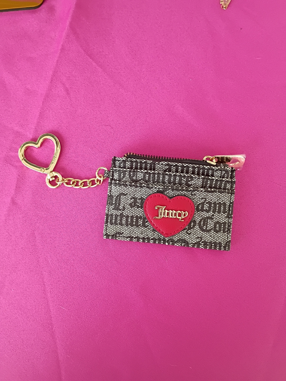 Juicy Couture Black Logo Cardholder Keychain with Red Heart